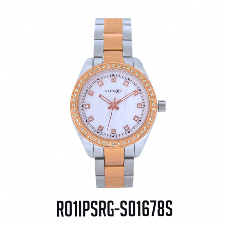 RELOJ VIROX METAL ANÁLOGO  PIEDRAS TABLERO-PLATEADO-ORO ROSA