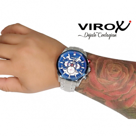RELOJ VIROX EN ACERO MULTIFUNCIONAL PLATEADO TABLERO AZUL