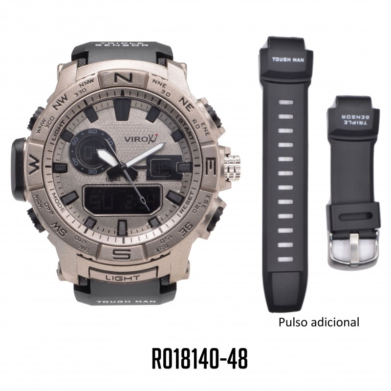 RELOJ VIROX ANÁLOGO-DIGITAL TOUGHMAN PULSO ADICIONAL PLATEADO