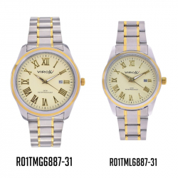 PAREJA RELOJES VIROX EN ACERO PLATEADO Y TABLERO AMARILLO RO