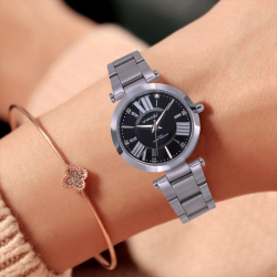 RELOJ VIROX DAMA EN ACERO SILVER CIRCULAR TABLERO NEGRO.