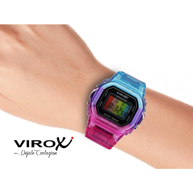 RELOJ VIROX DE DAMA DIGITAL CUADRADO RETRO COMBINADO AZUL/FUCSIA