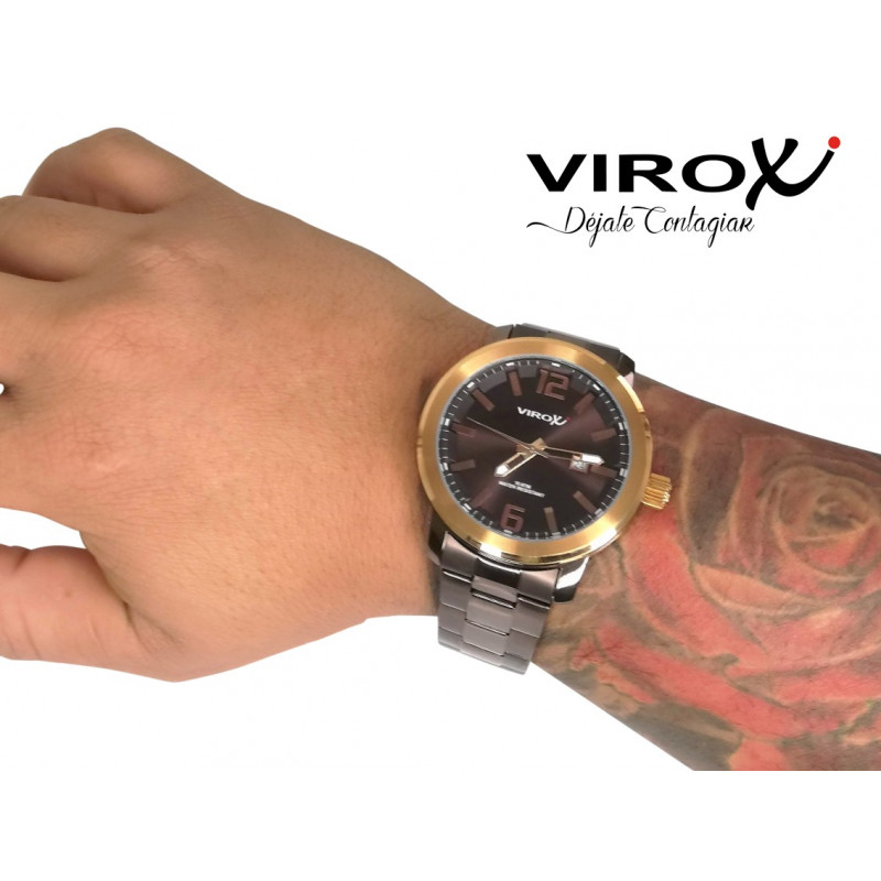 RELOJ VIROX EN ACERO HOMBRE ANALOGO CON CALENDARIO CHOCOLATE